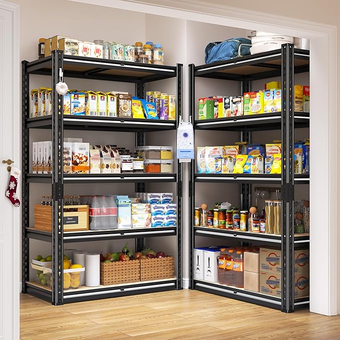 Set of 2 Storage Shelves 5 Tier Garage Shelving Heavy Duty Metal Shelving 2020LBS Adjustable Metal Shelf 59.8" H Pantry Shelf for Garage Pantry Closet Kitchen Basement 28"W x 12"D x 59.8"H,2 Pack REIBII