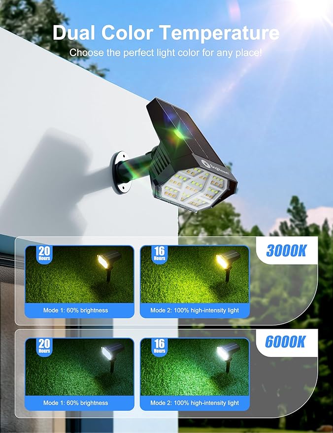 Brightown 4Pack Solar Spot Lights Outdoor [Cool & Warm Light 2-in-1], IP67 Solar Lights Outdoor Waterproof with 1800mAh, Two Mounting Methods Outdoor Solar Lights for Yard, Garden and Pathway Brightown