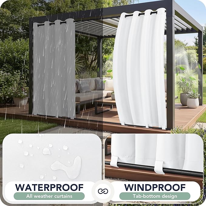 Outdoor Curtains for Patio Waterproof 6 Panels - Windproof, Privacy, Weatherproof Outside Drapes for Gazebo Pergola Porch, Grommet Top and Tab Bottom, 54x120 Inch, White RichSets