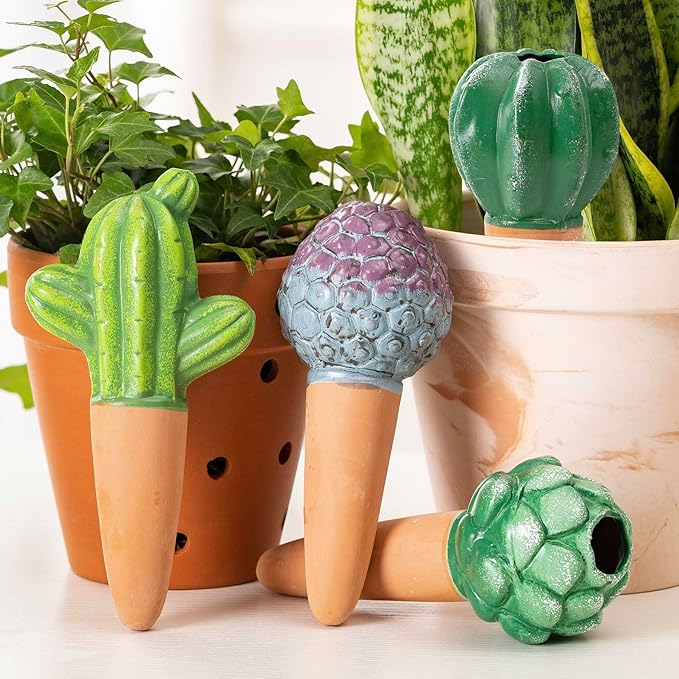 4 Pack Watering Globes - Terra Cotta Watering Spikes for Indoor Plants, Handcrafted Cactus Shape Self Watering Devices with Slow Release System, Plant Water Bulbs for Vacation & Outdoor Pots SUREYUESI