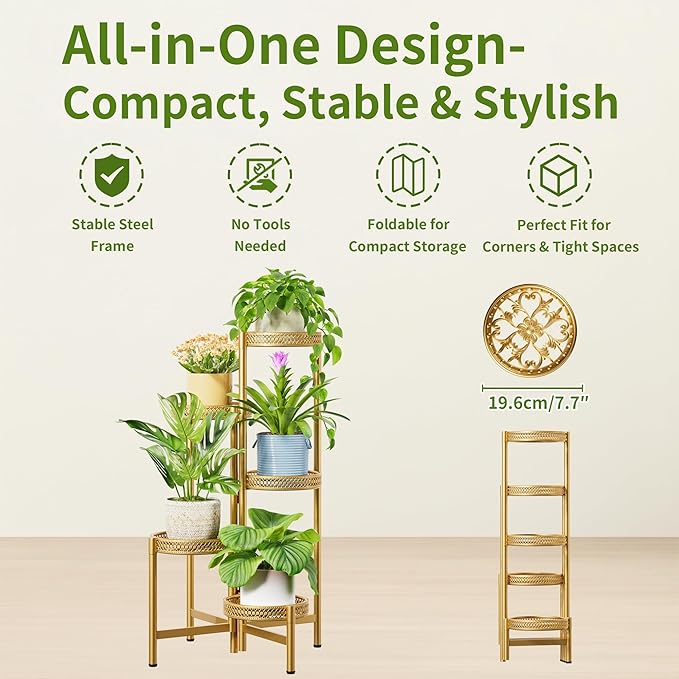 Tall Plant Stand Indoor Outdoor, Corner Metal Flower Pot Stands for Multiple Plants, 5 Tier Heavy Duty Plant Shelf for Patio Garden Balcony Living Room Bedroom - GoldWave Rootora
