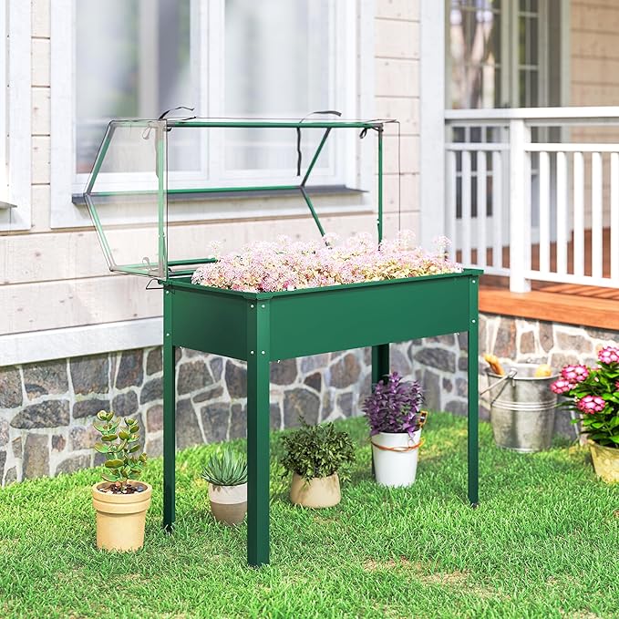 Outsunny Raised Garden Bed with Greenhouse Cover, Elevated Planter Box with Legs and Drainage Hole for Vegetables Flowers Herbs, 39.4" x 18.9" x 48.8", Green Outsunny