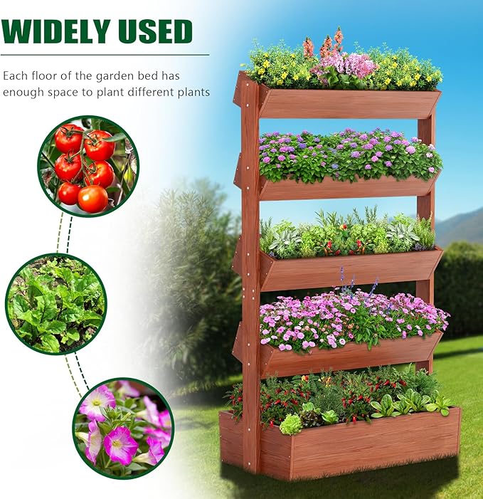 SUNYRISY 5 Tiers Vertical Wooden Raised Garden Bed Outdoor, Freestanding Garden Planter Box Stand for Planting Herbs Flowers Vegetables Outdoor Gardening SUNYRISY