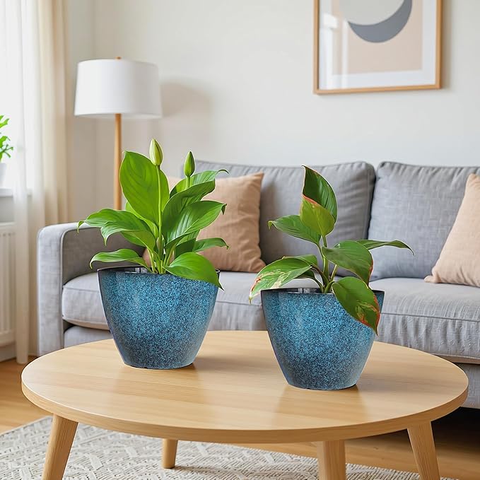 8 inch Plant Pots, Pack of 4 Plastic Planter for Indoor Outdoor Plant with Drainage Holes and Saucers, Flower Pots for Garden Home Decor (Blue, 4pcs) Vanslogreen