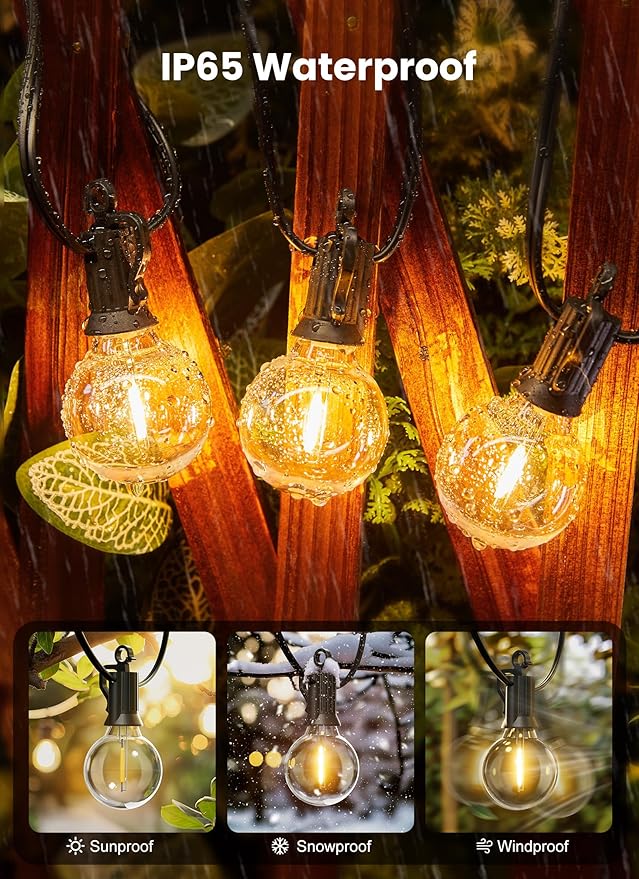 Brightown Outdoor String Lights, 25FT 12+1 G40 Bulbs Shatterproof Patio Lights, IP65 Waterproof Dimmable Hanging Connectable Globe LED Outdoor Lights for Backyard, Bistro, Porch, Deck, Balcony Brightown