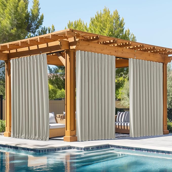 NICETOWN 2 Panels Outdoor Curtains Waterproof Pocket & Back Tab on Top & Bottom, Thermal Insulated Windproof Sun Blocking Outside Privacy Drapes for Patio with Fixed Rope, W84 x L84, Natural NICETOWN