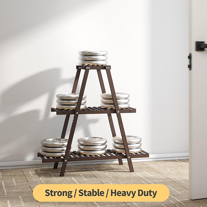 Plant Stand Indoor, Outdoor bamboo Plant Rack for Multiple Plants, 3 Tier 8 Potted Flower Holder Ladder,Plant Shelf Ladder Table Plant Pot Stand for Living Room, Patio, Balcony (Brown) Furshus