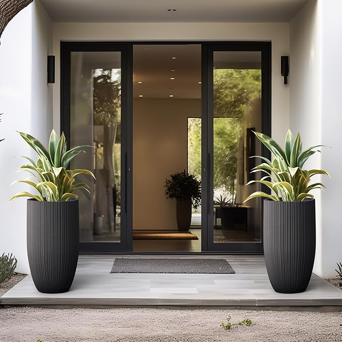 Kante 24 Inch Tall Round Concrete Planter, Large Indoor Outdoor Plant Pots with Drainage Hole and Rubber Plug, Modern Decorative Garden Pots for Home Patio Porch, Textured Black Kante