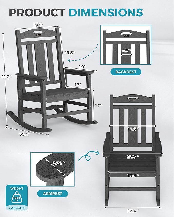 Ciokea Oversized Outdoor Rocking Chairs Set of 3, 380lbs Heavy-Duty Large Patio Rocker, High Back Cozy Porch Chairs, Weather Resistant Patio Rocking Chairs for Outside, Fire Pit, Deck, Dark Grey CIOKEA