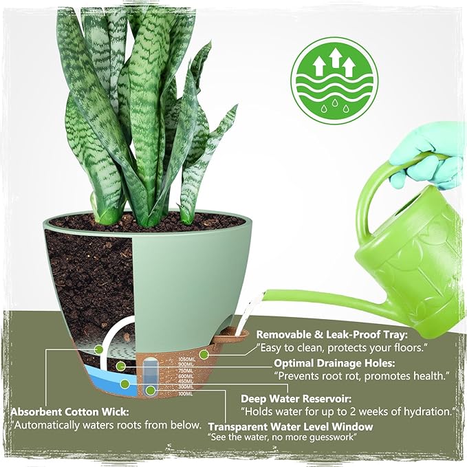 Self-Watering Pots for Indoor Plants 4 Pack, 6/8/10/12 Inch Outdoor Planters with Water Level Indicator&Deep Reservoir, Decorative Flower Pots for Indoor Plants,Home Decor (Green, 12+10+8+6 inch) GOPROAUTO