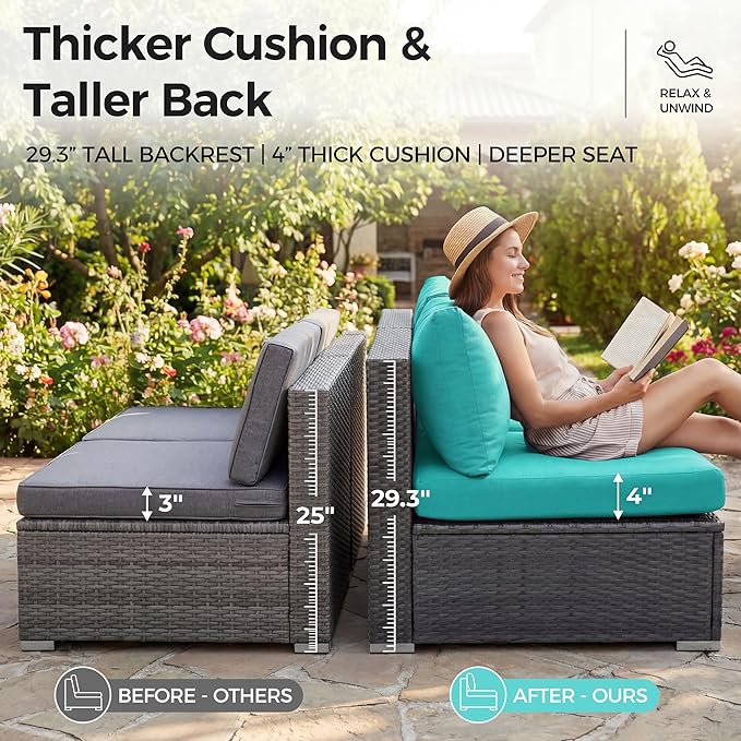 NICESOUL 6 Piece L Shaped Patio Furniture Set with Fire Pit Natural Gas/Propane, 29.3'' High Back Comfy Outdoor Conversations for Outside, Big Size Deep Wide Couches, 2 Color Cushion Turquoise & Grey NICESOUL