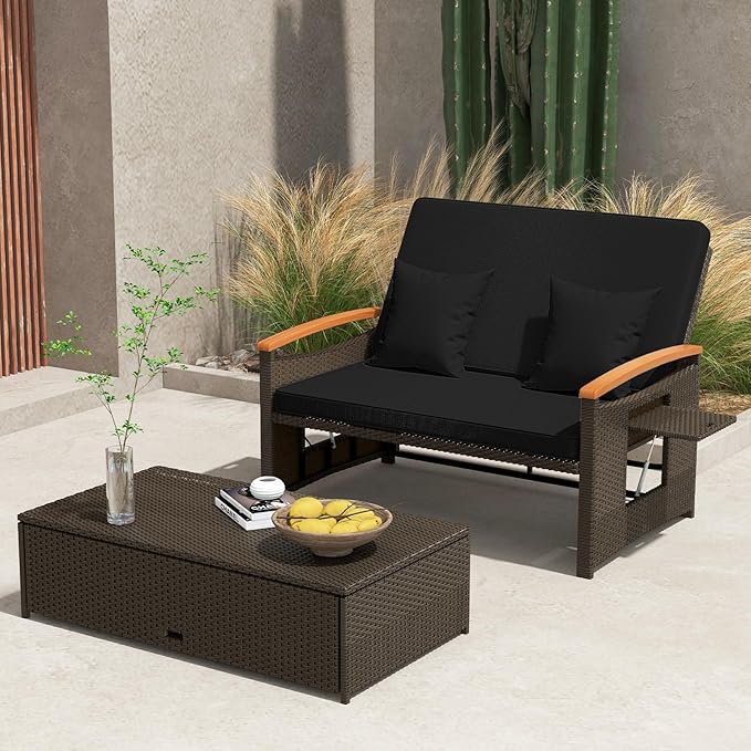 Tangkula Patio Rattan Daybed with 4-Level Adjustable Backrest, Outdoor Wicker Loveseat with Acacia Wood Armrest, Storage Ottoman & Folding Tray, Double Sunbed for Balcony, Backyard & Poolside (Black) TANGKULA