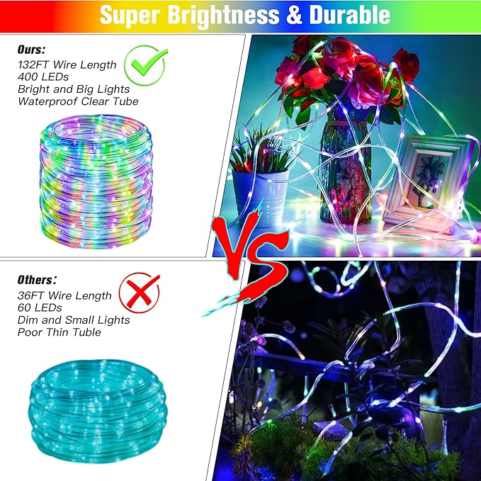 132Ft Rope Lights for Outside, Waterproof 18 Colors Changing Rope Lights Fairy String Lights with Remotes, 400 LEDs Dimmable Twinkle Christmas Lights for Bedroom Patio Halloween Decorations Nazuwke