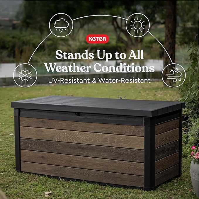 Keter Signature Collection 150 Gallon Resin Deck Box Organization and Storage Box for Patio Outdoor Cushions, Throw Pillows, Garden Tools and Pool Supplies, Walnut Keter