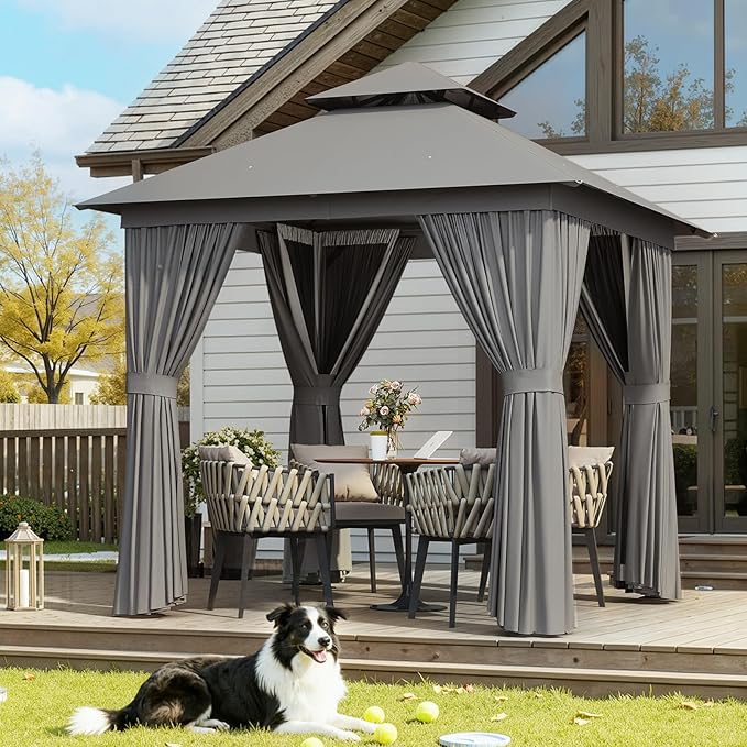 Aoxun Outdoor Gazebo for Patio 8x8, Metal Frame Canopy with Double Roofs, Heavy Duty Party Tent and Shelter with Mosquito Netting and Privacy Screen for Backyard, Lawn, Garden, Deck (Grey) Aoxun
