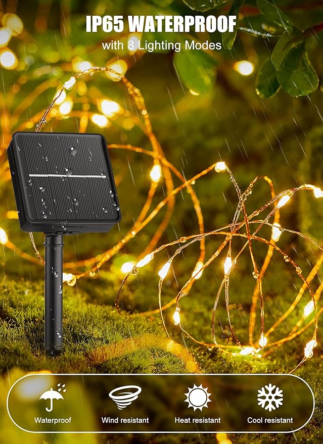 Brightown Solar String Lights, 2 Packs Total 66Ft 200 LED Solar Fairy Lights with 8 Modes, Waterproof Solar Lights for Outside Patio Yard Tree Wedding Christmas(Warm White) Brightown