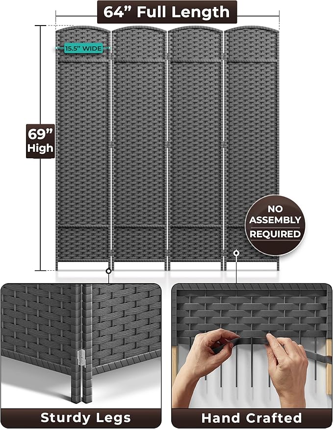 Sorbus 4 Panel Room Divider 6 ft. Tall - Privacy Screen, Extra Wide Double Hinged Panels, Mesh Hand-Woven Design, Partition Room Dividers and Folding Privacy Screens, Wall Divider for Room Separation Sorbus