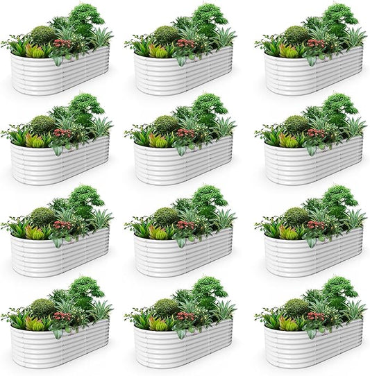 A ANLEOLIFE 12-Set 8X4X2 ft Galvanized Raised Garden Bed Kit, Oval Metal Deep Root Planters for Outdoor Plants, Antique White AAnleolife