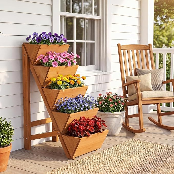 Giantex 5-Tier Wooden Vertical Raised Garden Bed Set of 2, Freestanding Plant Stand with Legs for Herbs Vegetables Fruits, Indoor Outdoor Tiered Wood Planter Box Flower Rack for Patio, Balcony & Yard Giantex