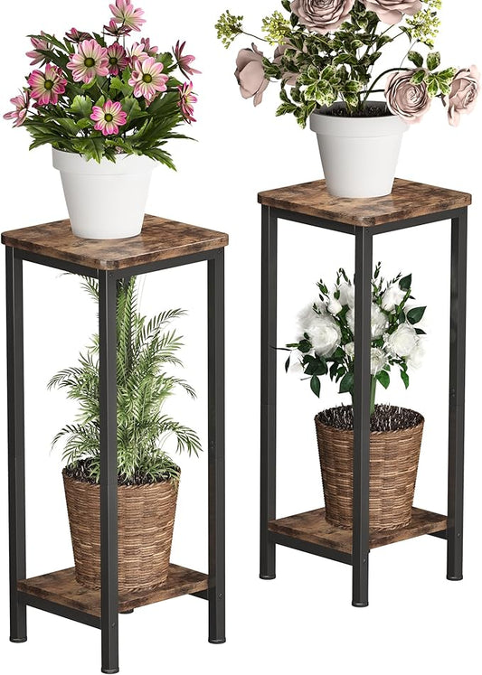 Homeiju 2-Pack Plant Stand Indoor, 2 Tier Wood Corner Plant Stand, Modern Square Plant Shelf Flower Stand for Living Room Patio Balcony Garden, Rustic Brown Homeiju