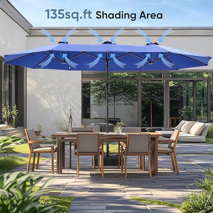 DUMOS 15FT Large Patio Umbrella with Base Included, Heavy Duty Extra Wide Outside Umbrella with 12 Ribbed Bars, Rectangle Outdoor Table Umbrella for Patio, Backyard, Pool, Deck & Garden, Blue DumosLifestyle
