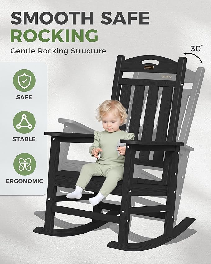 Oversized Outdoor Rocking Chairs Set of 4, High Back Porch Rocker Chair, HDPE All Weather Resistant Rocking Chairs for Patio, 380lbs Weight Capacity, Black Suunyn