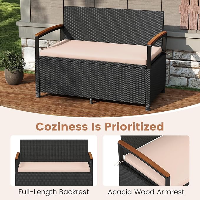 Tangkula 46 Gallon Outdoor Bench with Storage, Outdoor PE Rattan Storage Bench with Cushion, Backrest & Acacia Wood Armrests, Metal Frame, Waterproof Deck Box Seat for Porch Backyard Poolside TANGKULA