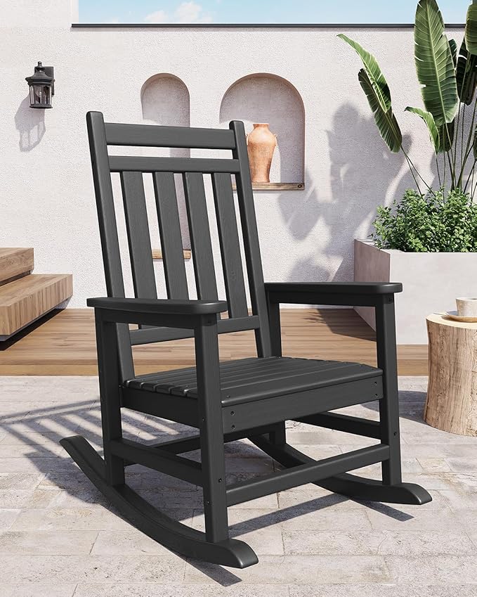 GarveeLife Poly Lumber Rocking Chair Outdoor Set of 4 - HDPE High Back Porch Rocker Chairs for Adults - All Weather Resistant Furniture for Patio - Black GarveeLife
