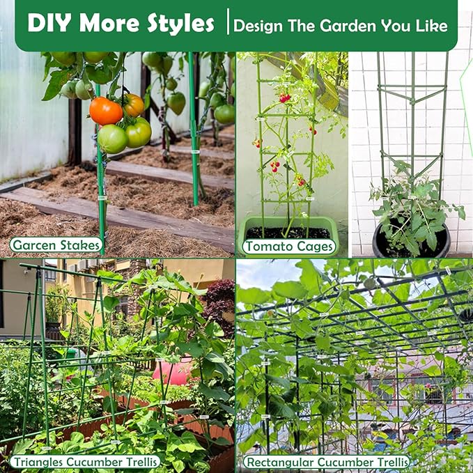 Cludoo 94PCS Garden Stakes Set with 30 Sets Fiberglass Plant Stakes Sticks Supports and Accessories, DIY 4ft 5ft 6ft 7ft Tomato Stakes for Tomato,Vegetables, Pepper, Indoor Outdoor Spring Plants Cludoo