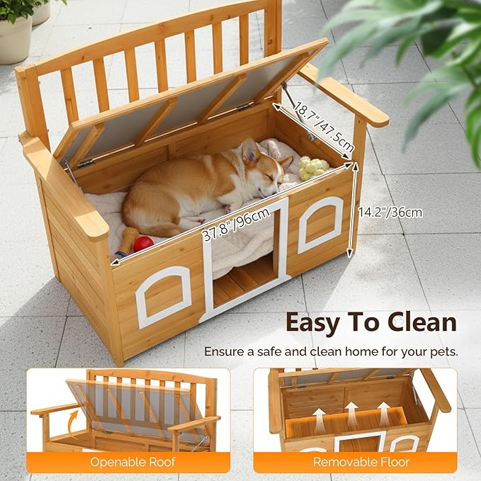 VINGLI Outdoor Storage Bench with Built-in Dog House, 2-in-1 Outdoor Waterproof Patio Bench with Pet Kennel for Patio Backyard Porch (Natural) VINGLI