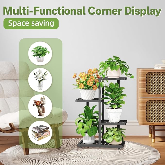 iDavosic.ly Plant Stand Indoor Outdoor, 3-Tier Tall Metal Flower Shelf for Heavy-Duty Large Planters, Corner Orchid Display Rack for Living Room Balcony Patio Porch, Space Saving, Modern Black iDavosicly
