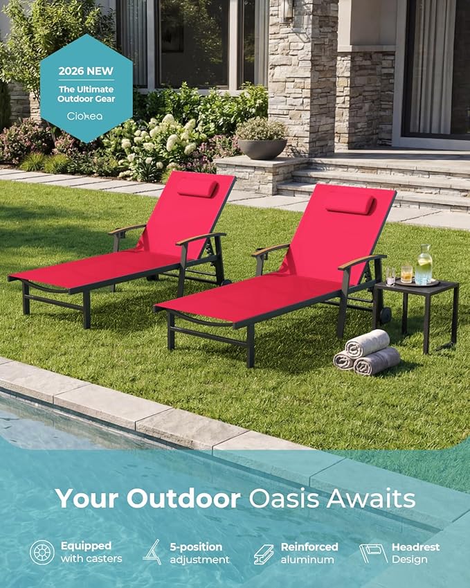 Ciokea Outdoor Lounge Chair with Pillow, 5-Position Aluminum Chaise Lounge with Wheels & Armrests, 400 lbs Heavy Duty Patio Pool Chair for Deck, Backyard, Beach & Poolside, Red CIOKEA