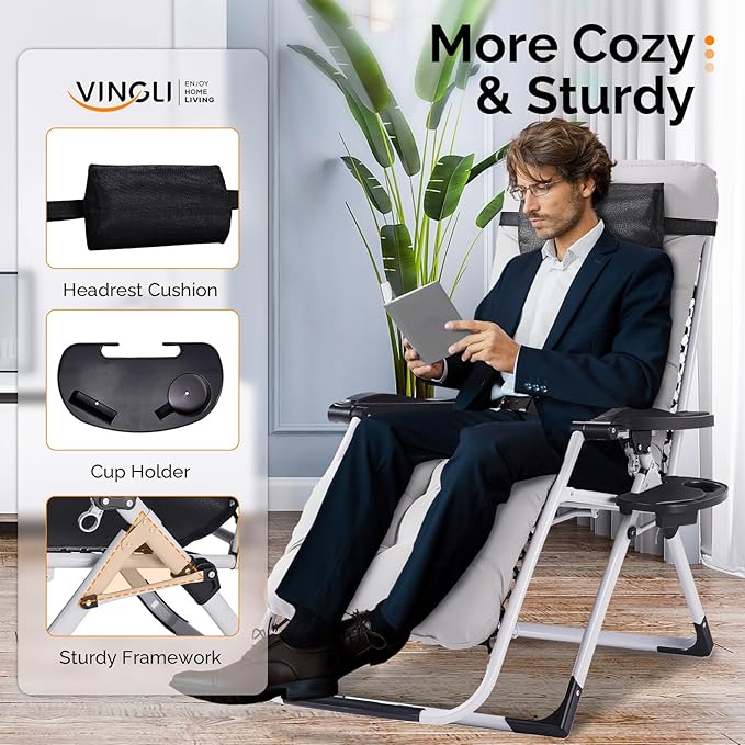 VINGLI Padded Zero Gravity Chair, Lounge Chair with Removable Cushion & Tray， Folding Reclining Patio Chairs， Recliner Chair for Lawn，Indoor and Outdoor VINGLI