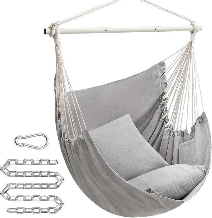 SONGMICS Hammock Chair, Load Capacity 500 lb, Hanging Chair with 2 Cushions, Large Hammock Swing with Chain and Pocket, for Indoor, Outdoor, Living Room, Bedroom, Dove Gray UGDC197G01 SONGMICSbySONGMICSHOME