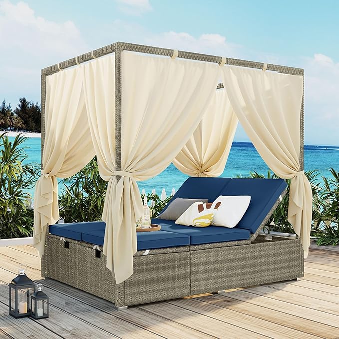 Patio Chaise Lounge,PE Rattan Outdoor Patio Wicker Adjustable Outdoor Sun Bed with Four-sided Canopy and Comfortable Blue Cushion – Versatile Use for Patio, Garden, and Poolside HarperBrightDesigns
