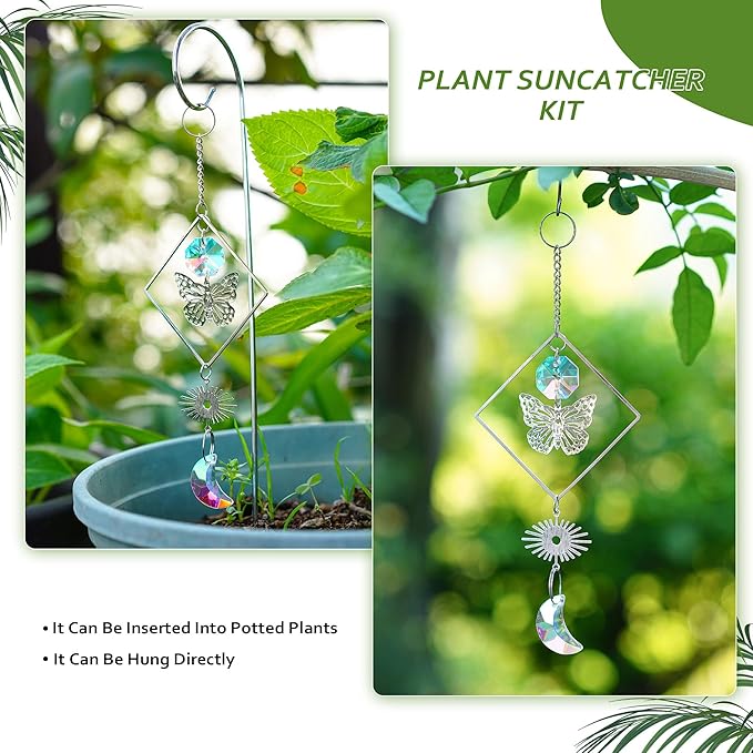 HDCRYSTALGIFTS 4 Pack Crystal Sun Catchers with 13.5'' Small Trellis for Potted Plants Indoor Plant Stake Suncatcher Decoration for Home Window Garden, Sliver HDCRYSTALGIFTS