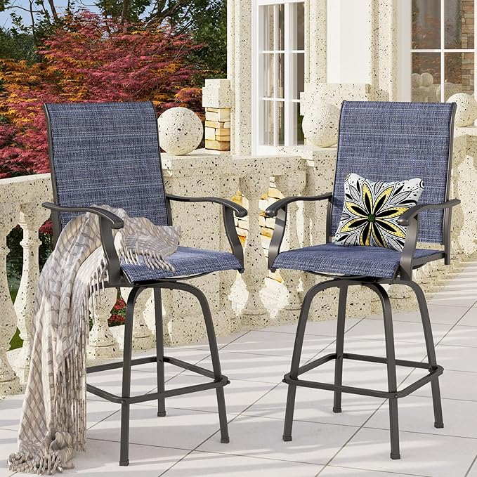 PHI VILLA Outdoor Swivel Bar Stools Set of 4, Bar Height Patio Stools & Chairs with All Weather Textilene Sling Fabric, 30 Inch High Top Tall Bar Chairs for Outside Balcony & Porch, Blue PHIVILLAThepioneerofcomfortablehouseholdsupplies
