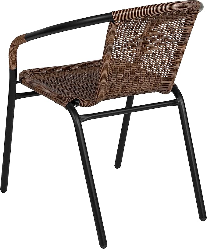 EMMA + OLIVER Set of 2 Modern Rattan Indoor/Outdoor Stack Chairs, Stacking Rattan Patio Chairs with Curved Back and Cross Bracing, Brown EMMAOLIVER