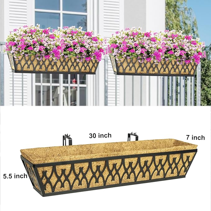 6 Pack 30 Inch Window Boxes Planters Railing Planter Box with Adjustable Brackets for Porch Fence Patio Balcony Hanging Flower Baskets with Coco Liners for Outdoor Garden Decor - Black KarlliuHOMEGARDEN