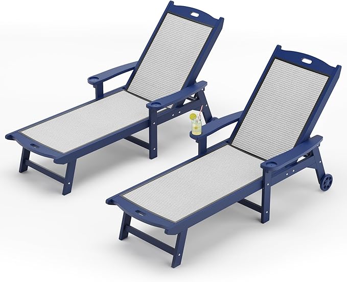 LUE BONA Chaise Lounge Chair Outdoor Set of 2, HDPS and HDPE Wicker Material, Patio Lounge Chair with Adjustable Backrest, Resin Pool Lounge Chairs with Wheels for Backyard, Poolside and Deck LUEBONA