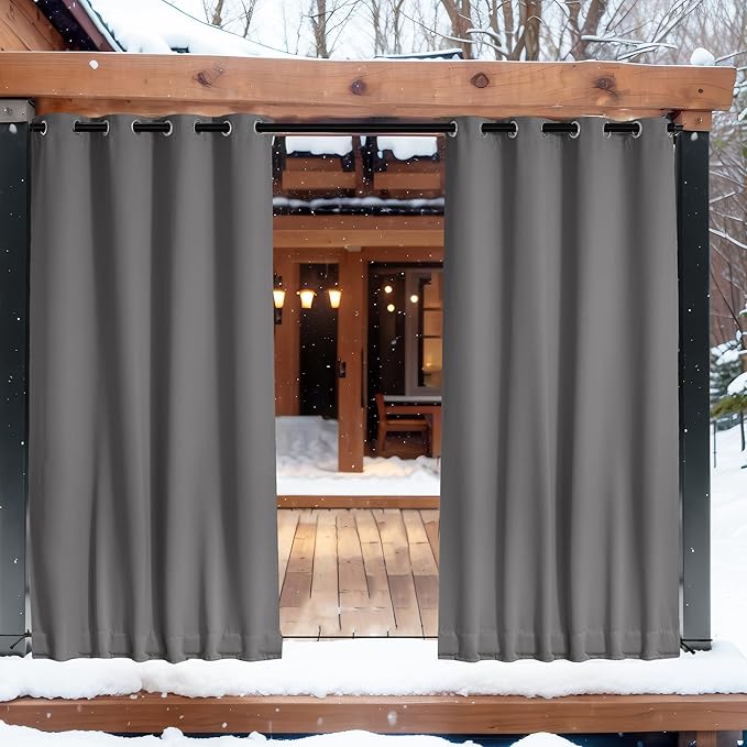NICETOWN 2 Panels Blackout Weighted Outdoor Curtains for Patio Waterproof, Grommet & Back Tab on Top & Bottom Keep Privacy Light & Sound Block for Porch with Bonus Rope for Fixed, Grey, W52 x L72 NICETOWN