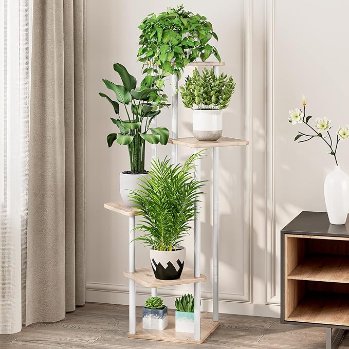 AZERPIAN Plant Stand 5 Tier Indoor Metal Flower Shelf for Multiple Plants Corner Tall Flower Holders for Patio Garden Living Room Balcony Bedroom, Black (5 Tier-White) AZERPIAN