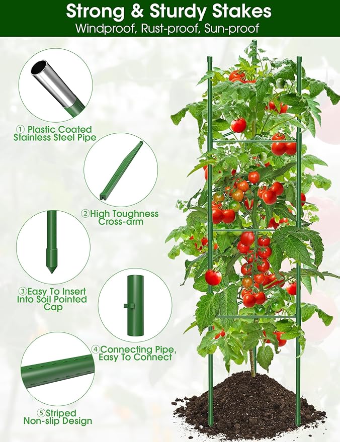 Tomato Cage for Garden,6 Pack Tomato Trellis for Raised Garden Bed Height Adjustable Up to 51.2inch Tomato Plant Support Stakes for Climbing Plants Vegetables Fruits Flowers（Extra Bold） GrowYourGreenParadise