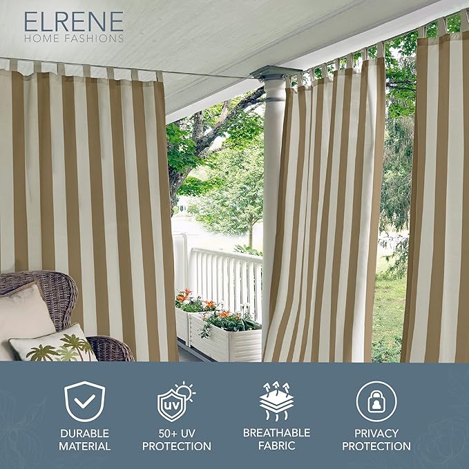 Elrene Home Fashions Highland Stripe Indoor/Outdoor Curtain Panel, 50 inches X 108 inches, Natural ElreneHomeFashions
