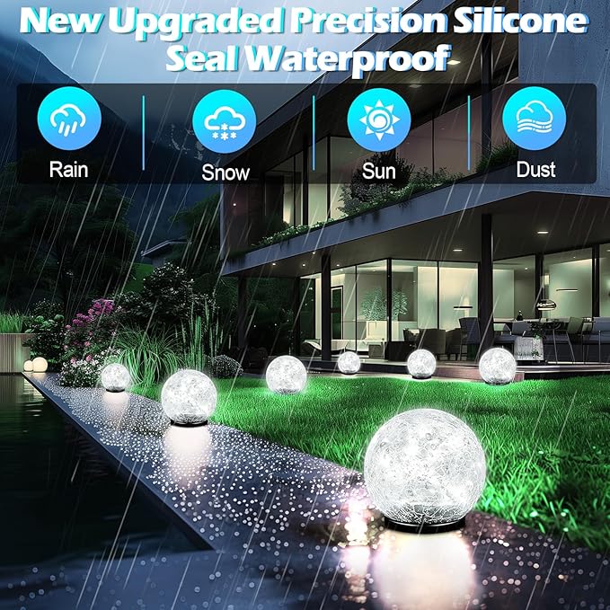 Coroor Garden Solar Ball Lights Outdoor Waterproof, 50 LED Cracked Glass Globe Power Ground for Path Yard Patio Lawn, Outdoor Decoration Landscape White (2 Pack 4.7'') Coroor