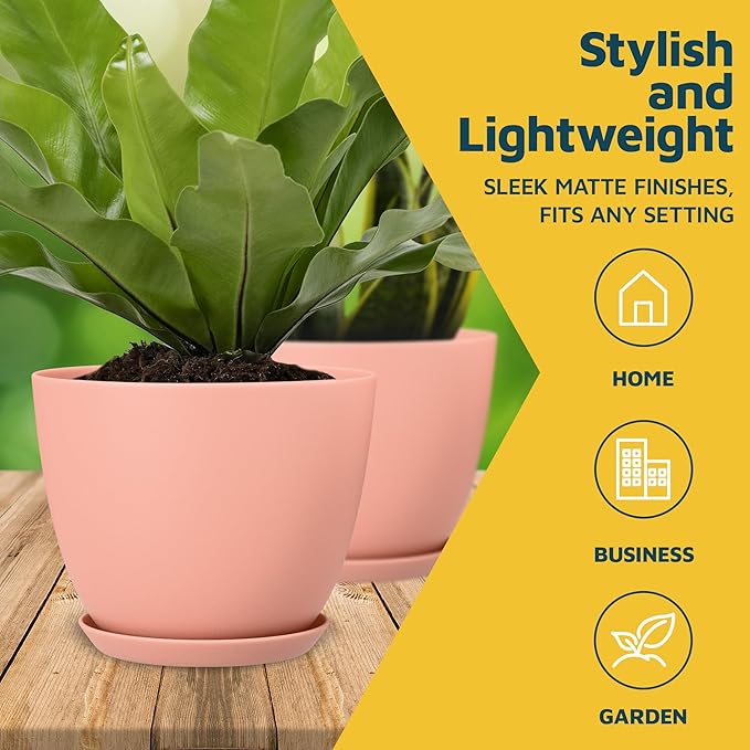 Planter Pots with Drainage Holes - Lightweight, Durable, and Space-Saving Pots for Indoor and Outdoor - Versatile Functionality, Simple Modern Design, Set of 5 Plastic Planter Pots - Pink LIFEMASTER
