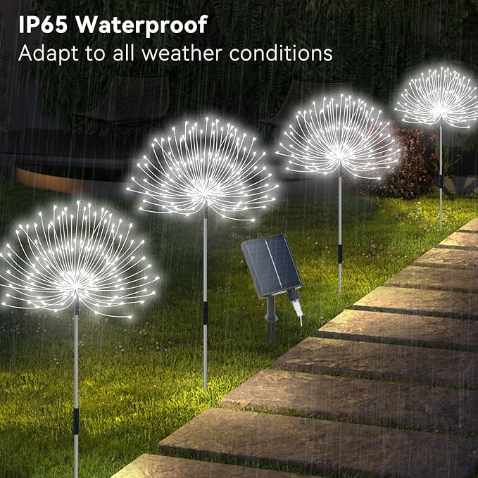 Solar Garden Lights Outdoor Waterproof, 4 Pack Total 480 LED Solar Firework Lights Decorative with 8 Lighting Modes Outside for Yard Pathway Flowerbed Decor, White Slyuexu