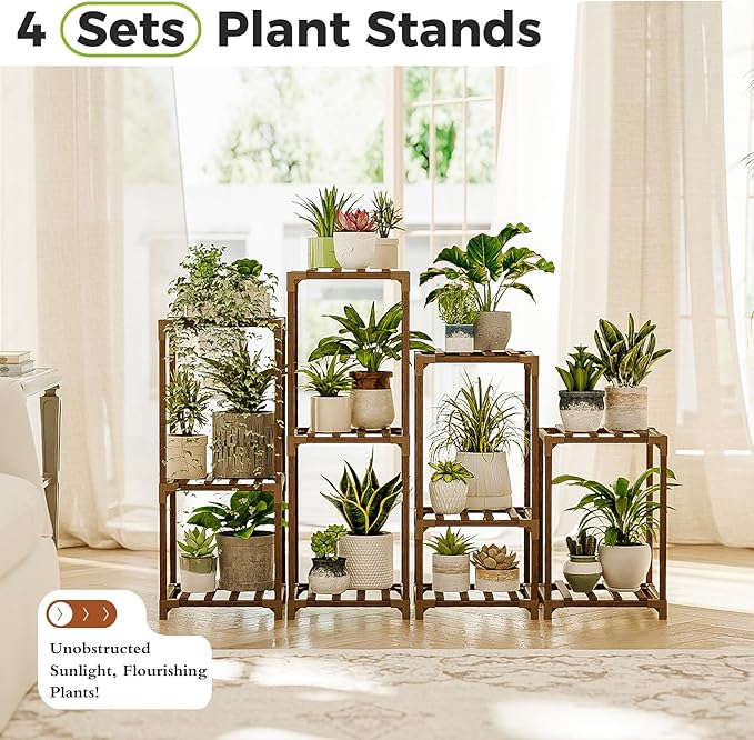 Bamworld Plant Stands Indoor 4 Sets Plant Shelves Outdoor Wooden Plant Holder for Multiple Plants Flower Stands Window Bamworld
