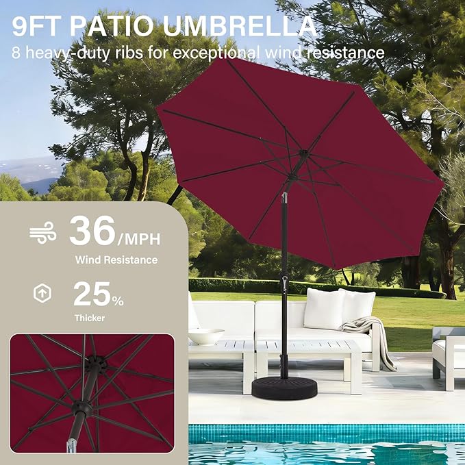 MEWAY 9ft Patio Umbrella Outdoor Table Umbrellas with Push Button Tilt and Crank, Market Umbrella 8 Sturdy Ribs for Deck, Garden, Pool and Backyard, Dark Red MEWAY