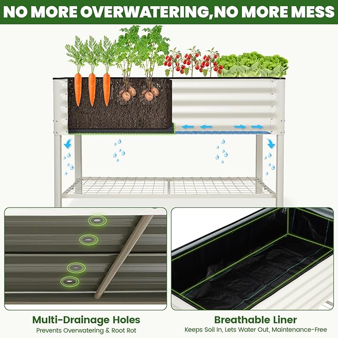Elevated Raised Garden Bed 2' x 4'- Galvanized Metal Planter Boxes with Legs & Storage Rack, Outdoor Planters for Backyard/Patio/Balcony, with Drainage Holes for Vegetables, Flowers, Herbs, White GGOODGAIN